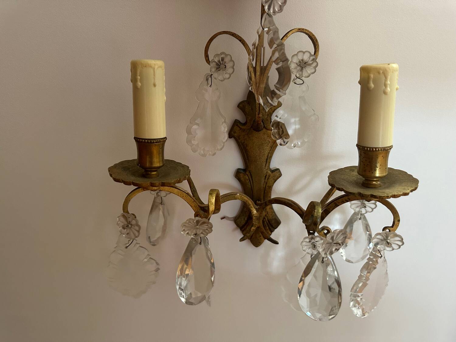 2 vintage bronze wall lights with pendants