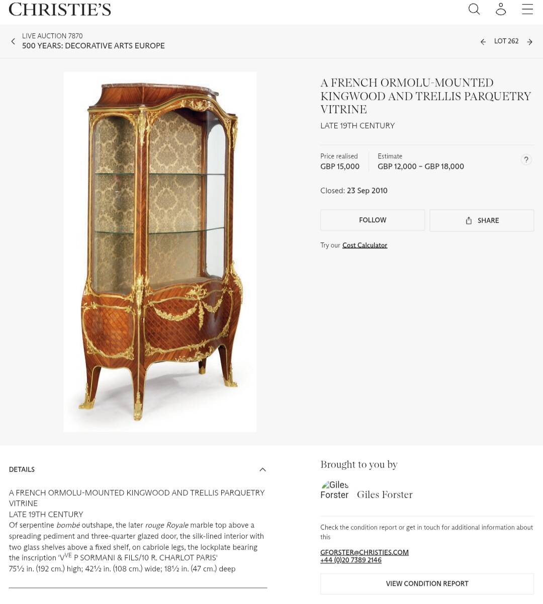 Antique 1880 Louis XV Display Cabinet, style of F. Linke