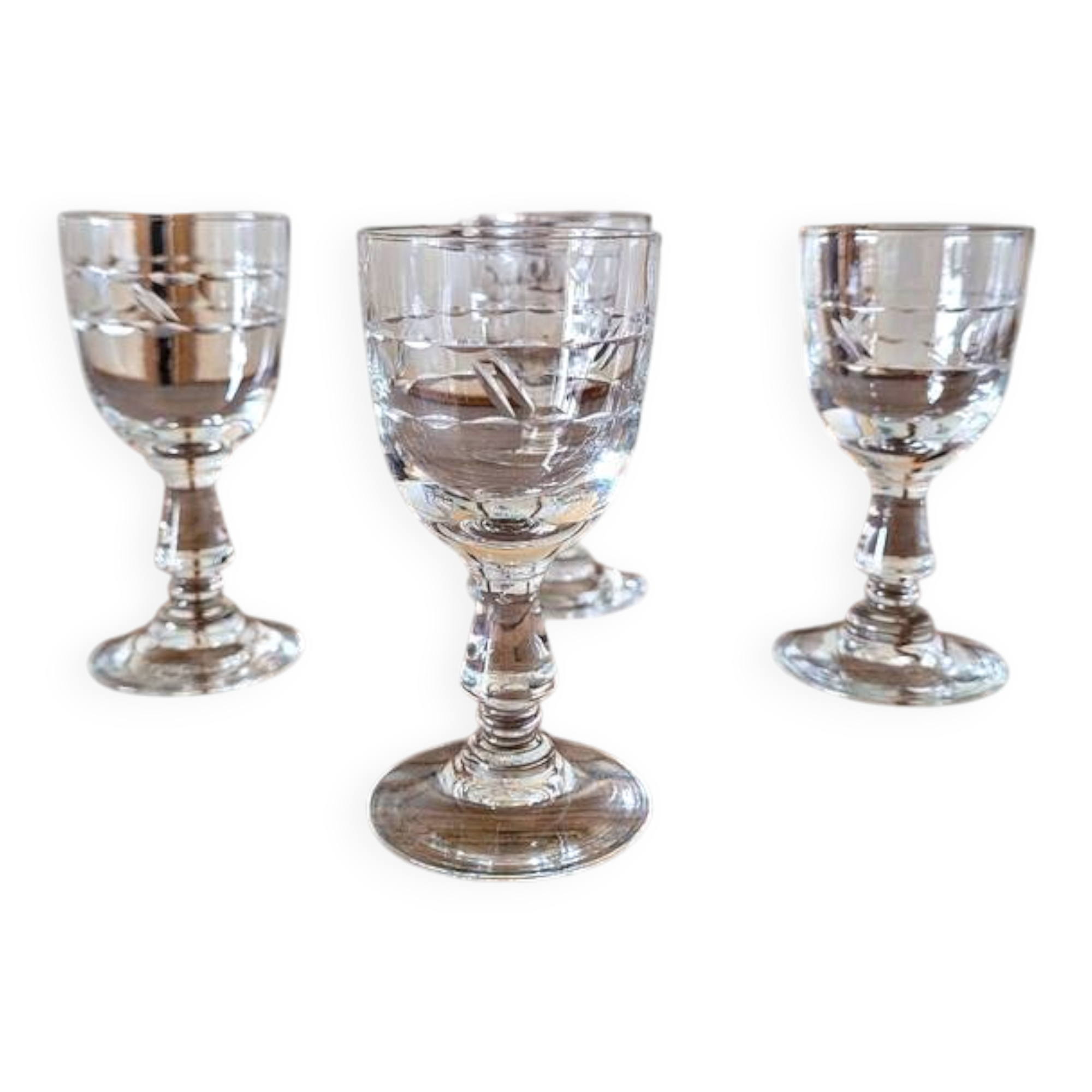 Vintage engraved glass liqueur glasses (digestif), geometric design.