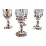 Vintage engraved glass liqueur glasses (digestif), geometric design.