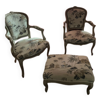 Pair of Louis XV convertible armchairs and matching pouf