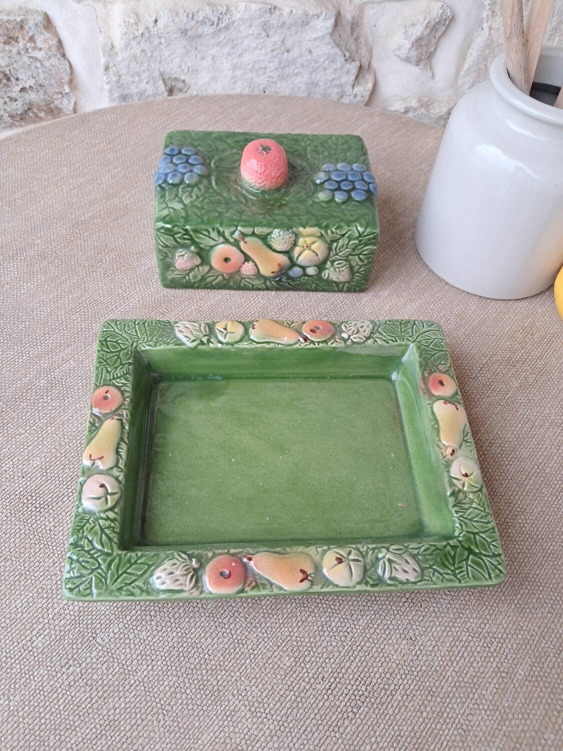 Antique butter dish in slip