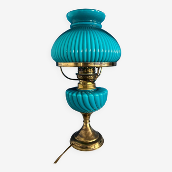 Turquoise glass and brass lamp