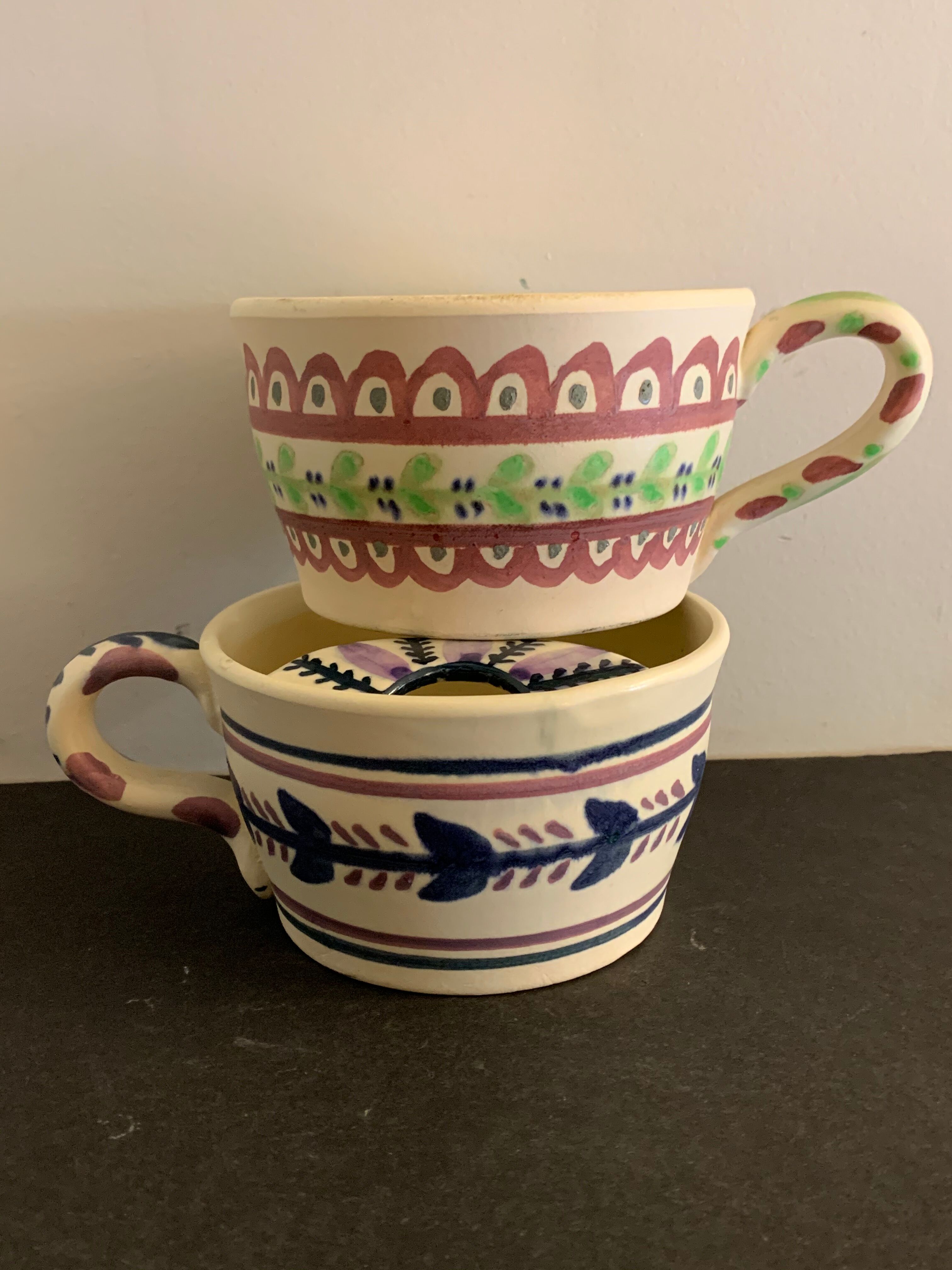 Pair of ceramic cups including a mustache cup for gentleman