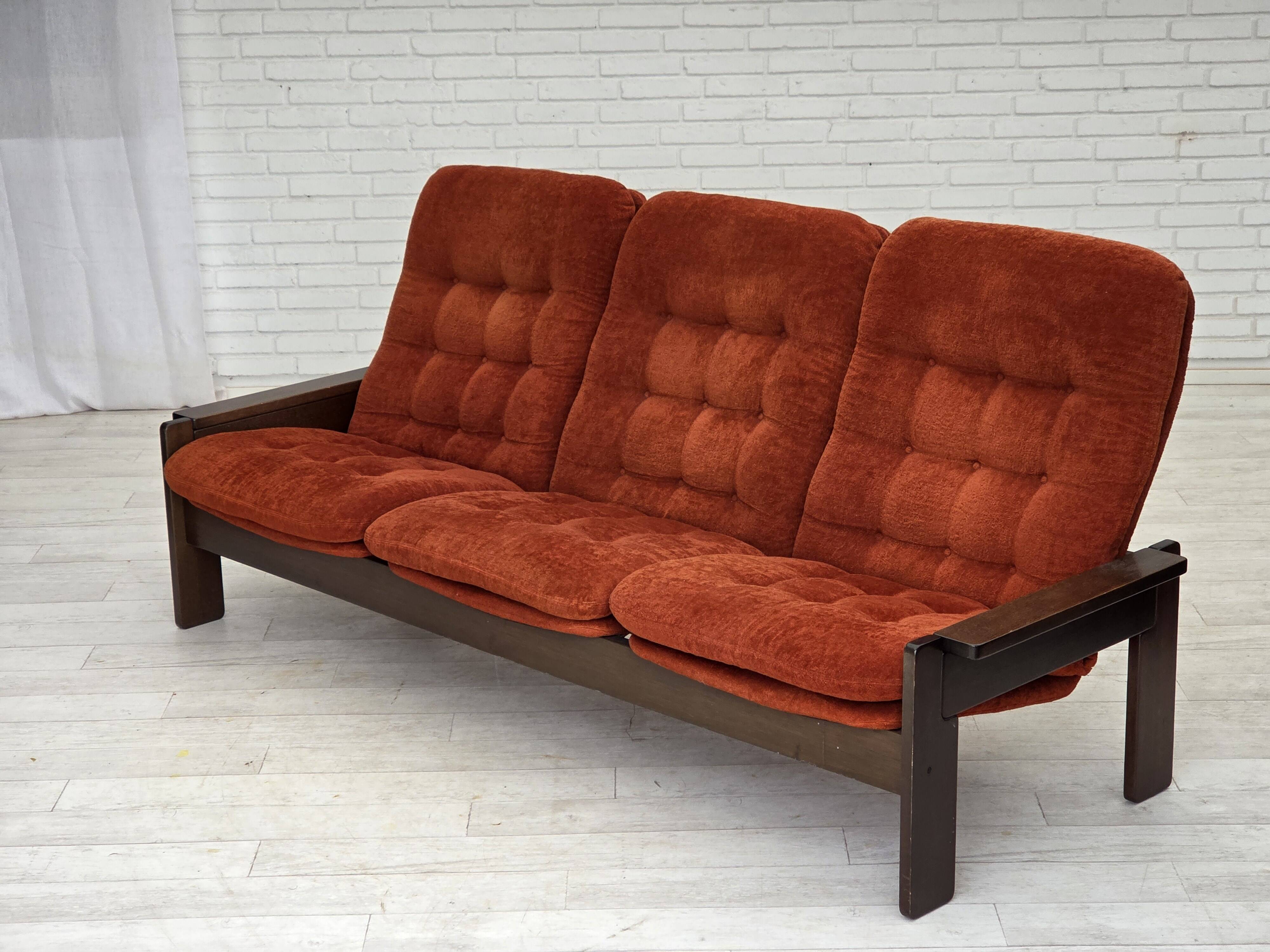 1970s, 3-seater Danish sofa, orange/red furniture velour, oak wood.