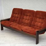1970s, 3-seater Danish sofa, orange/red furniture velour, oak wood.