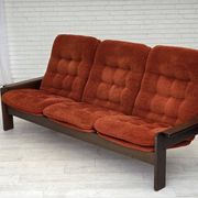 1970s, 3-seater Danish sofa, orange/red furniture velour, oak wood.