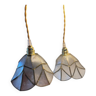 Pair of portable lamps in mother-of-pearl and brass