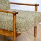 Wooden vintage brown armchair, olive green, long pile on removable cushions