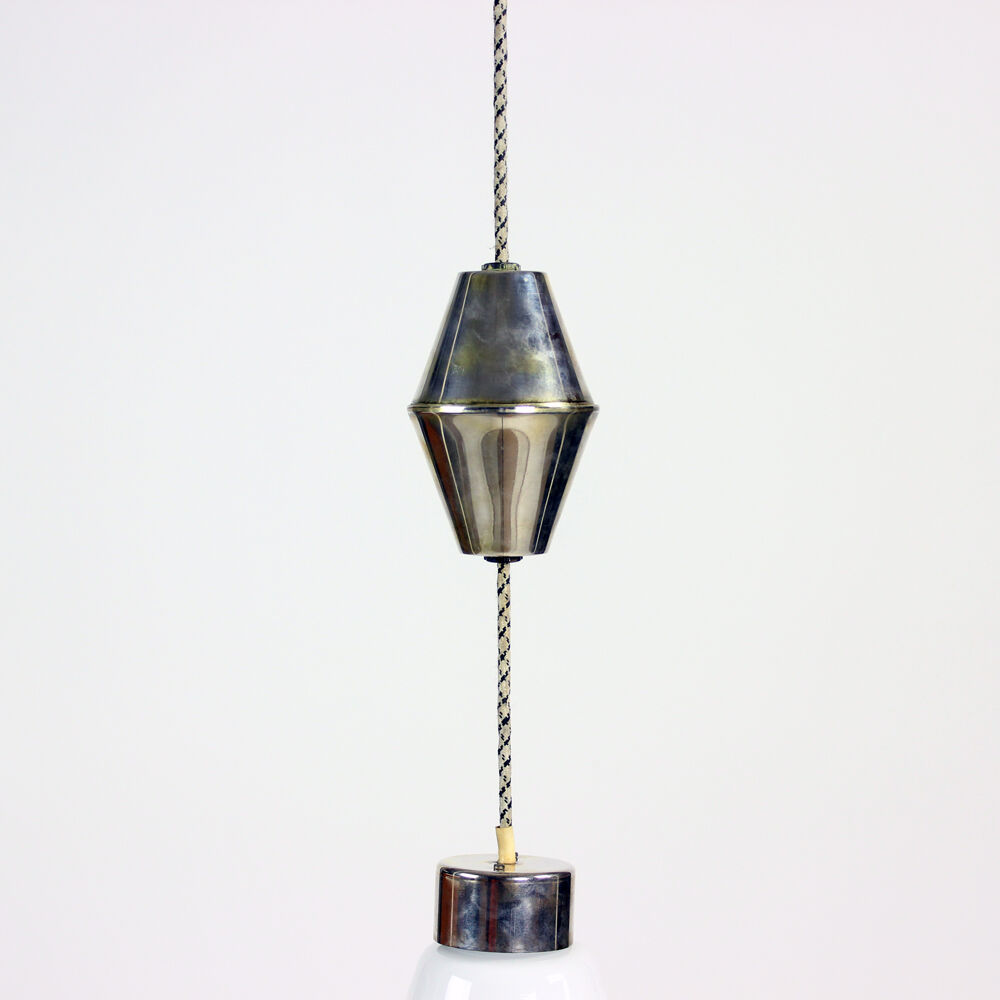 Midcentury ceiling pull down light in white opaine & brass, Czechoslovakia 1960s