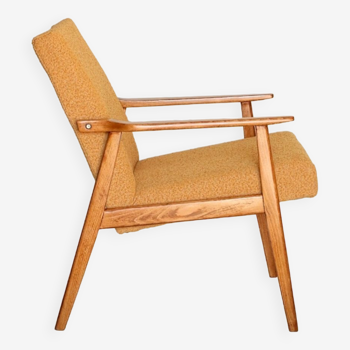 Fauteuil vintage en bois scandinave design l'année 70 oryginal rénové bouclette yellow mellow