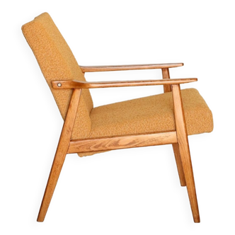 Fauteuil vintage en bois scandinave design l'année 70 oryginal rénové bouclette yellow mellow