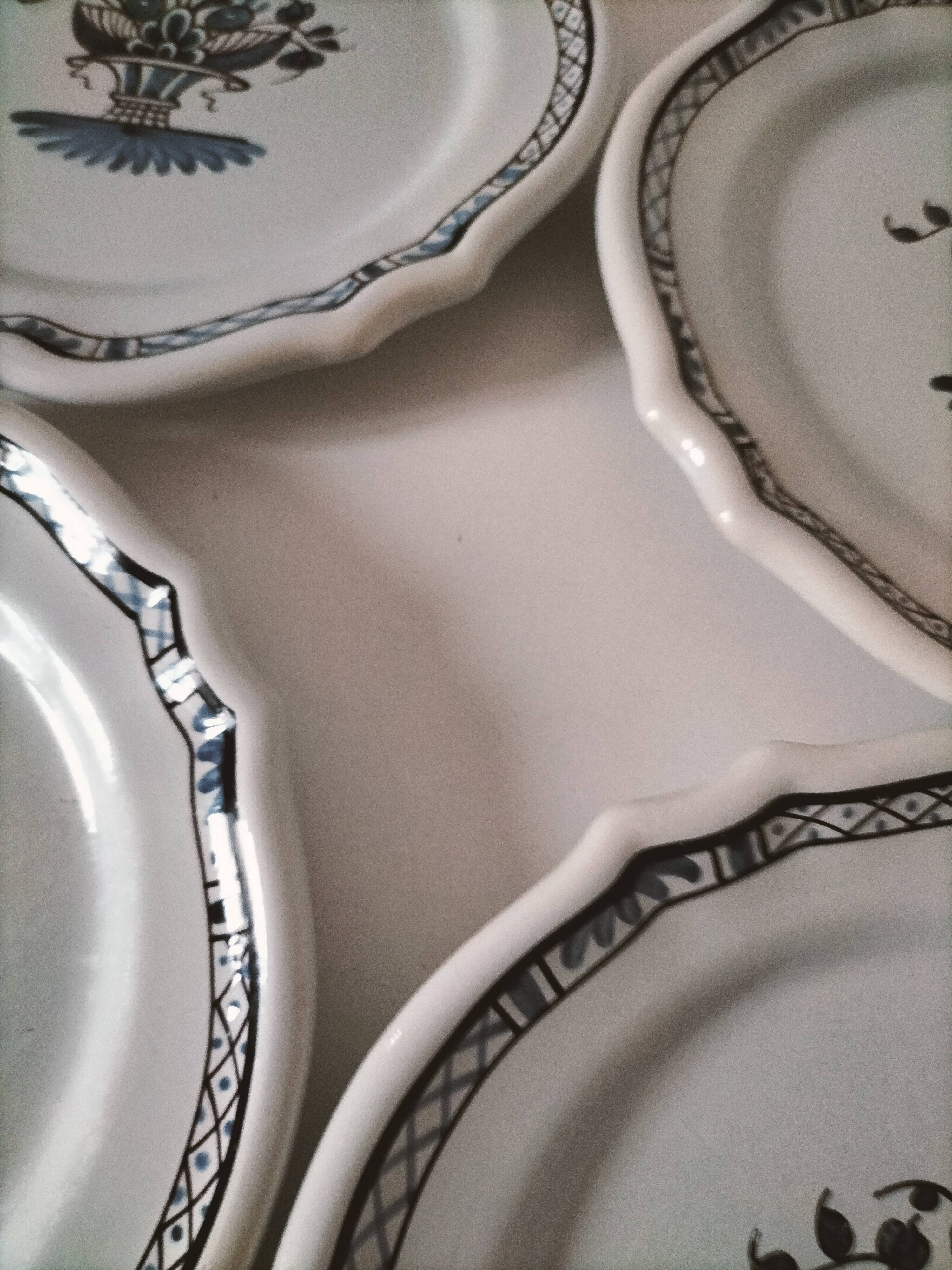 4 earthenware plates with old Rouen decoration, handmade blue floral basket
