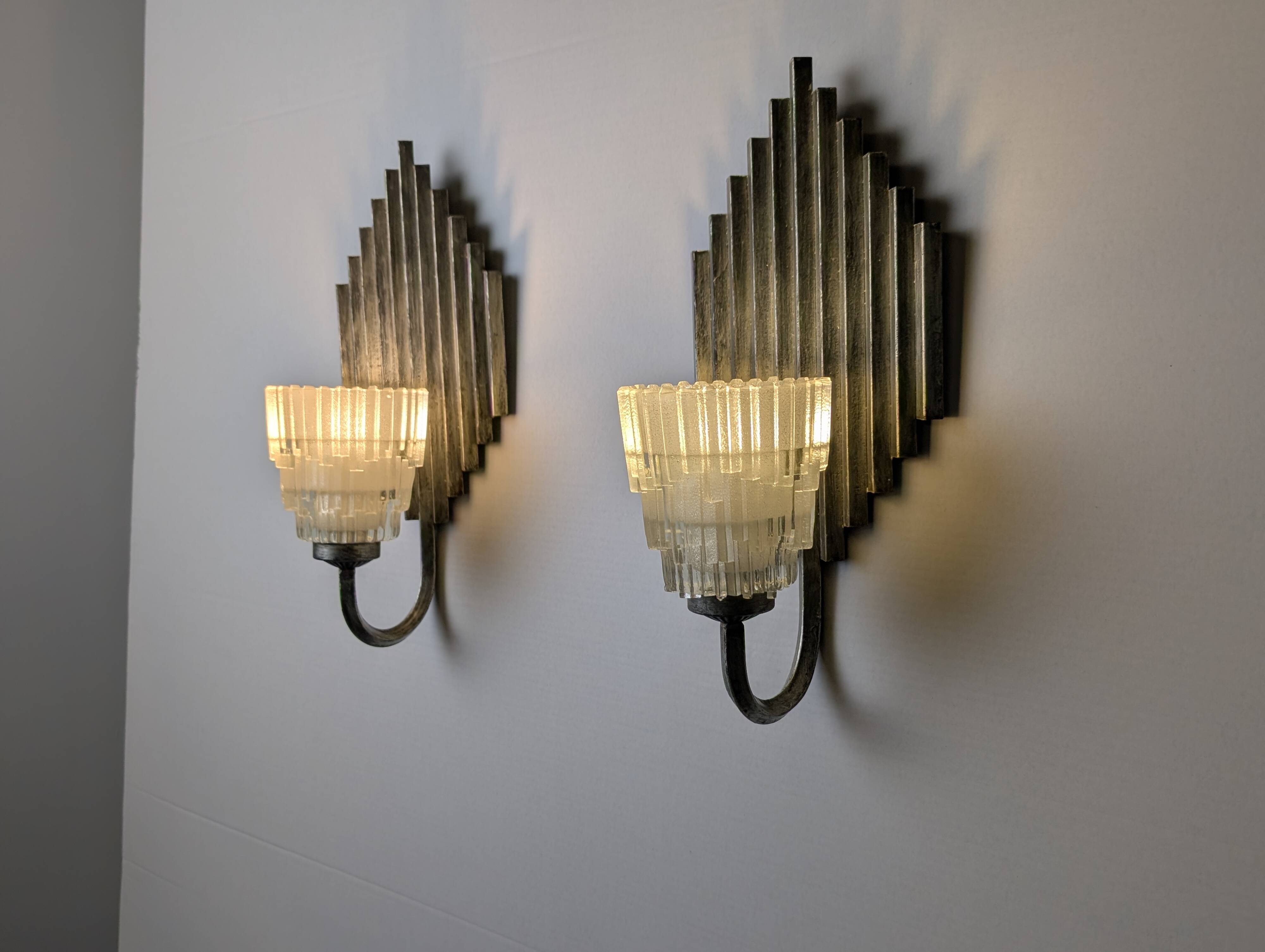Pair of Ferro Art Iron and Glass Wall Sconces Art Deco Style 1970s