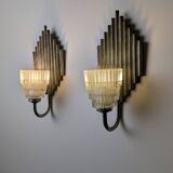 Pair of Ferro Art Iron and Glass Wall Sconces Art Deco Style 1970s