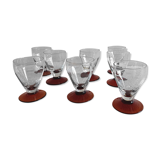 Service set of 8 antique glasses with port faceted or cooked wine Blown glass Amber foot 50s