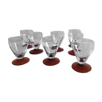 Service set of 8 antique glasses with port faceted or cooked wine Blown glass Amber foot 50s