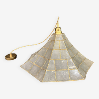 Large pendant lampshade in mother-of-pearl and brass 1970 vintage pagoda trumpet