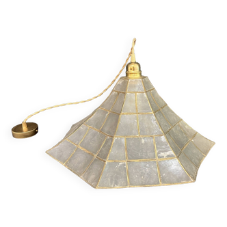 Large pendant lampshade in mother-of-pearl and brass 1970 vintage pagoda trumpet