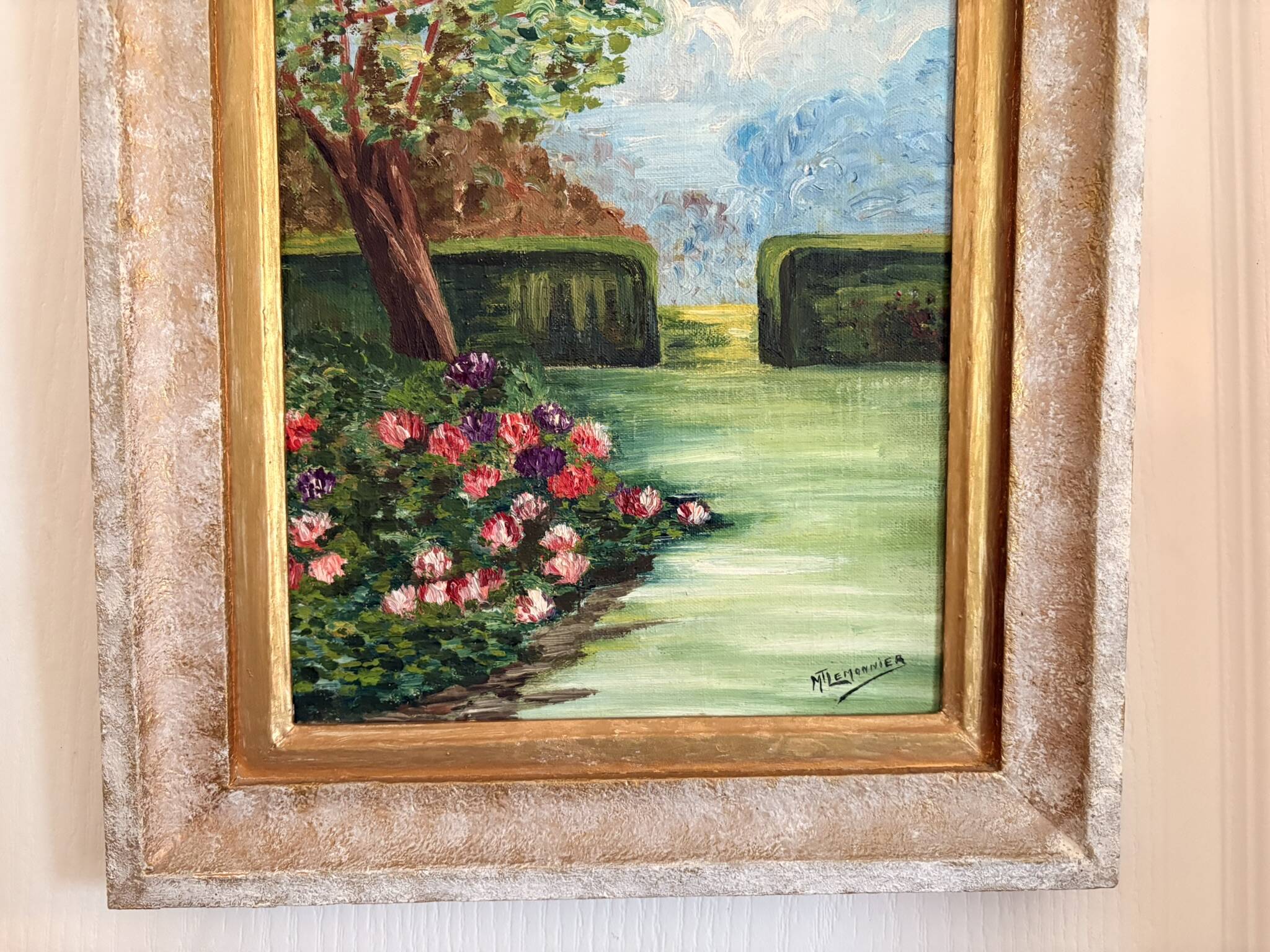 Old Oil Painting Canvas Garden Tree Flowers Rose Countryside Landscape