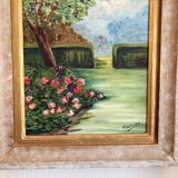 Old Oil Painting Canvas Garden Tree Flowers Rose Countryside Landscape