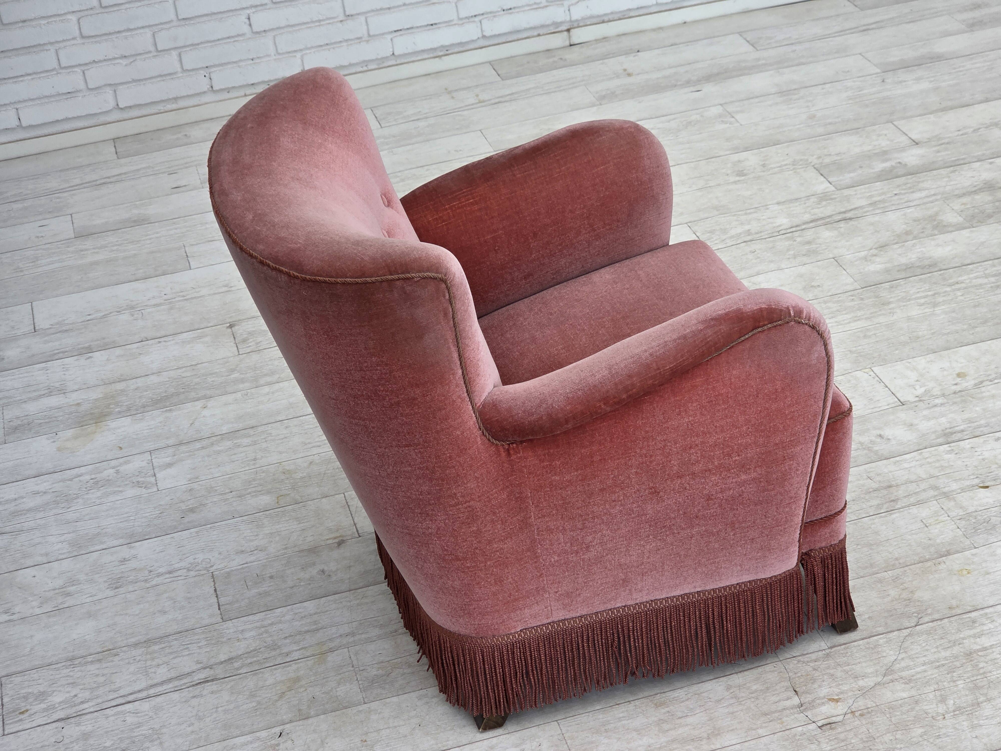 1970s, Danish armchair, salmon pink furniture velour, oak wood legs.