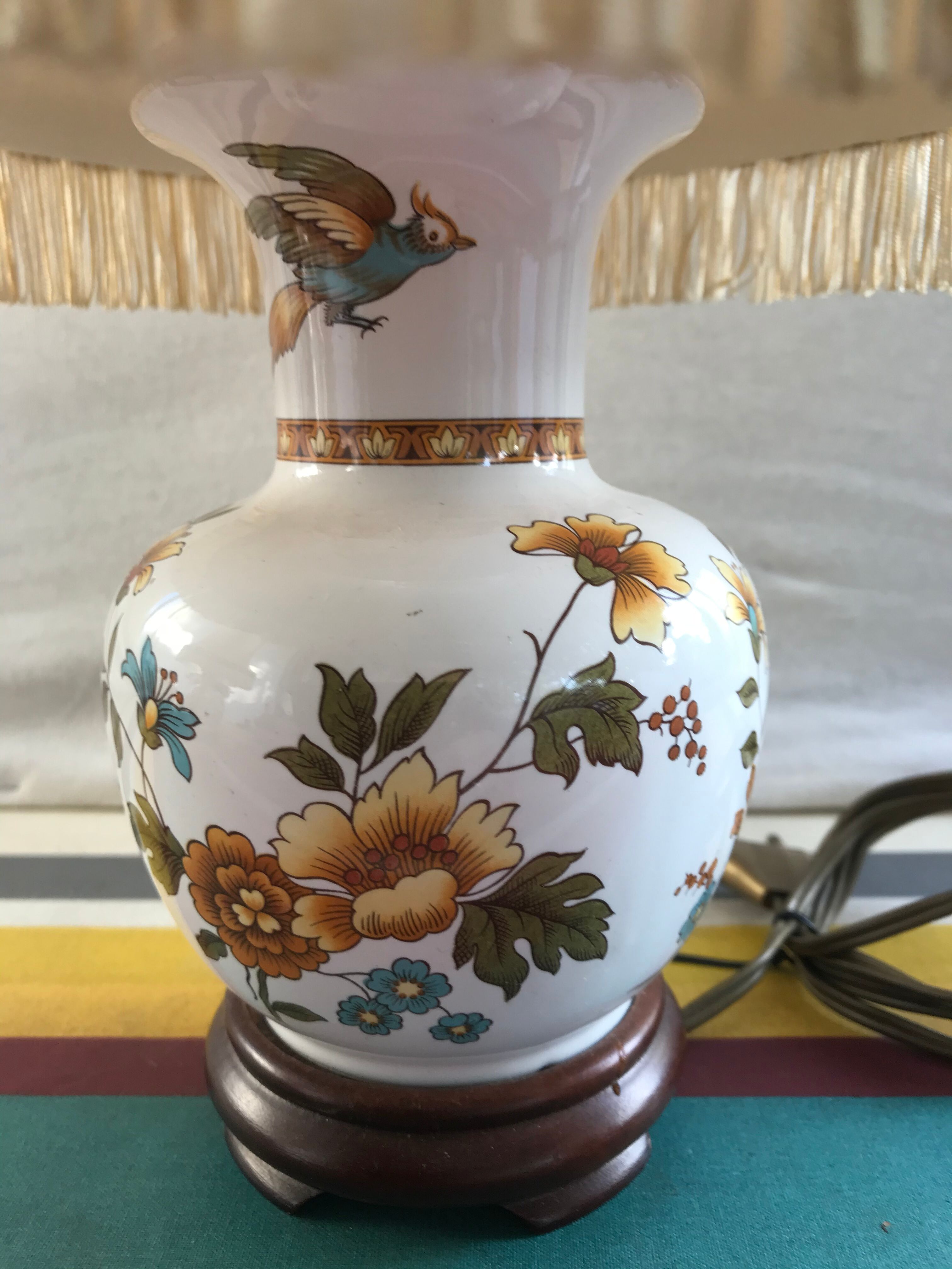 Pair of ancient ceramic lamp Moustiers style with vintage cream lampshades