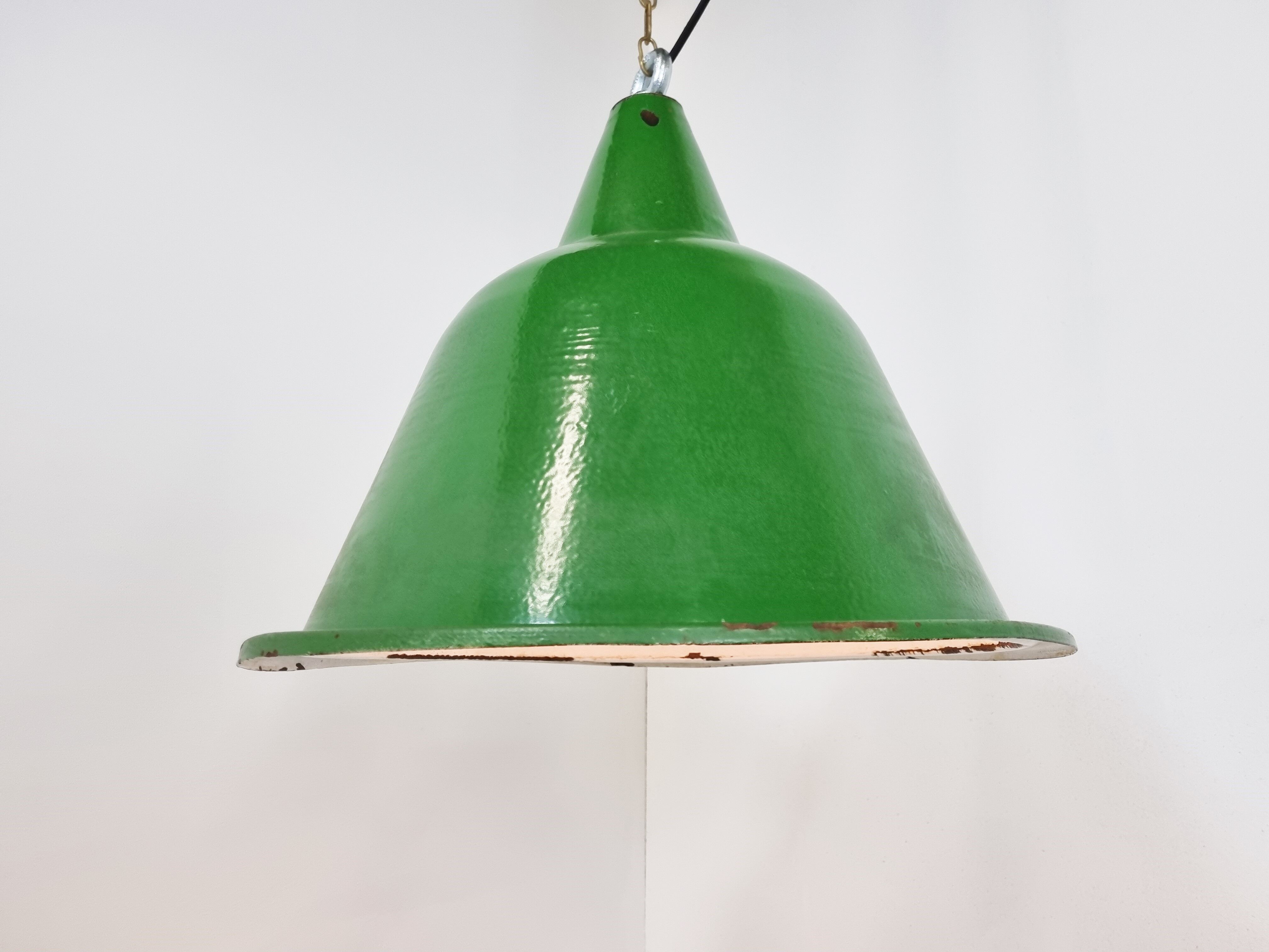 Large vintage industrial green enamel pendant lights, 1960s