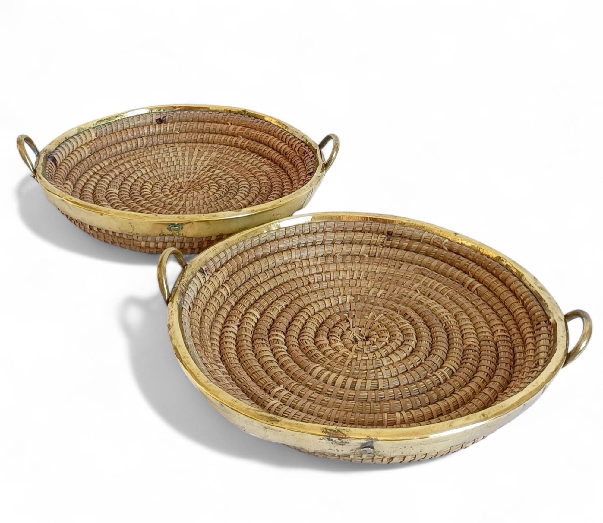 1970s Gabriella Crespi Style Handmade Natural Fiber and Brass Trays