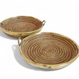 1970s Gabriella Crespi Style Handmade Natural Fiber and Brass Trays