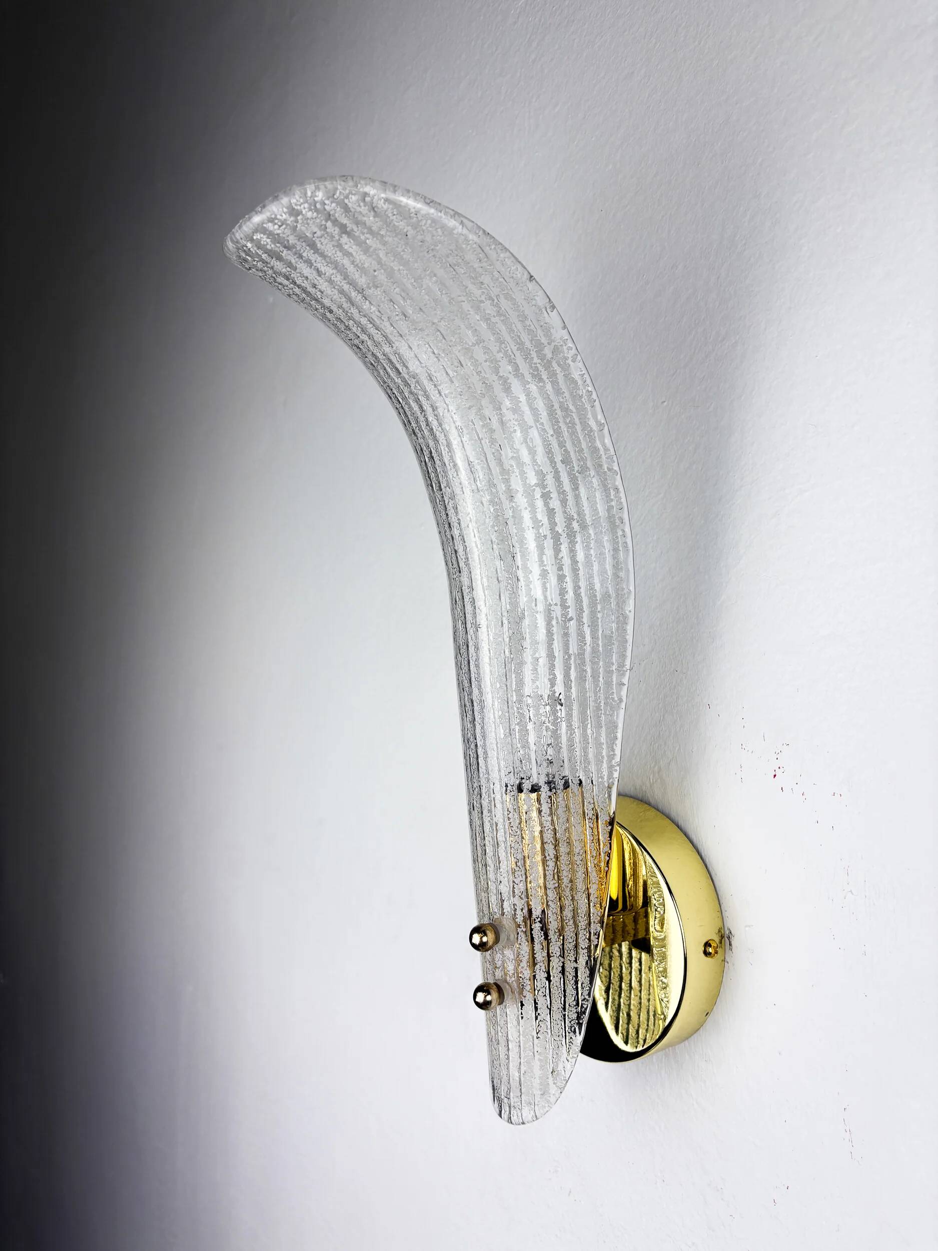 Pair of Murano frosted glass leaf sconces, gilt brass, Italy, 1970s