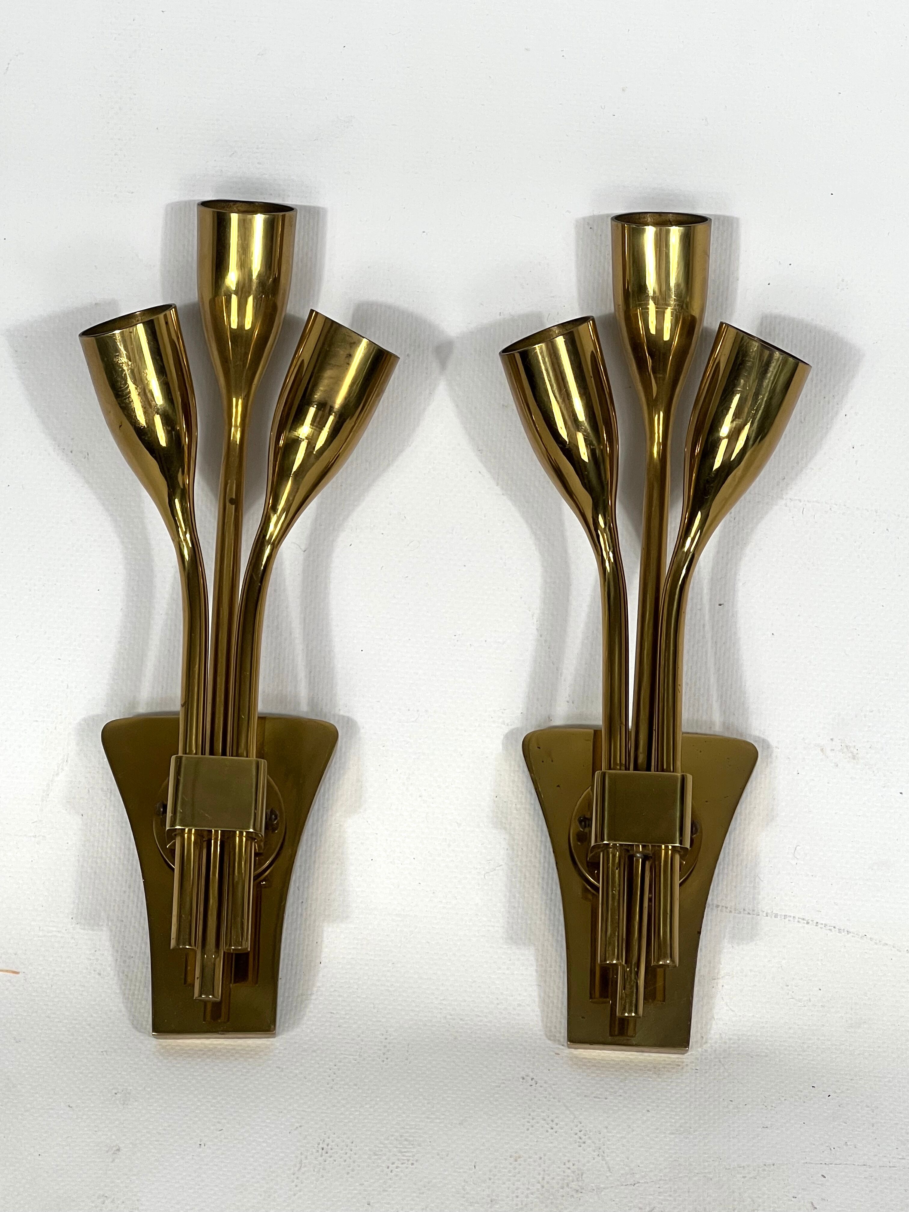 Lumi Milano, Mid-Century Modern pair of Italian brass sconces from 60s