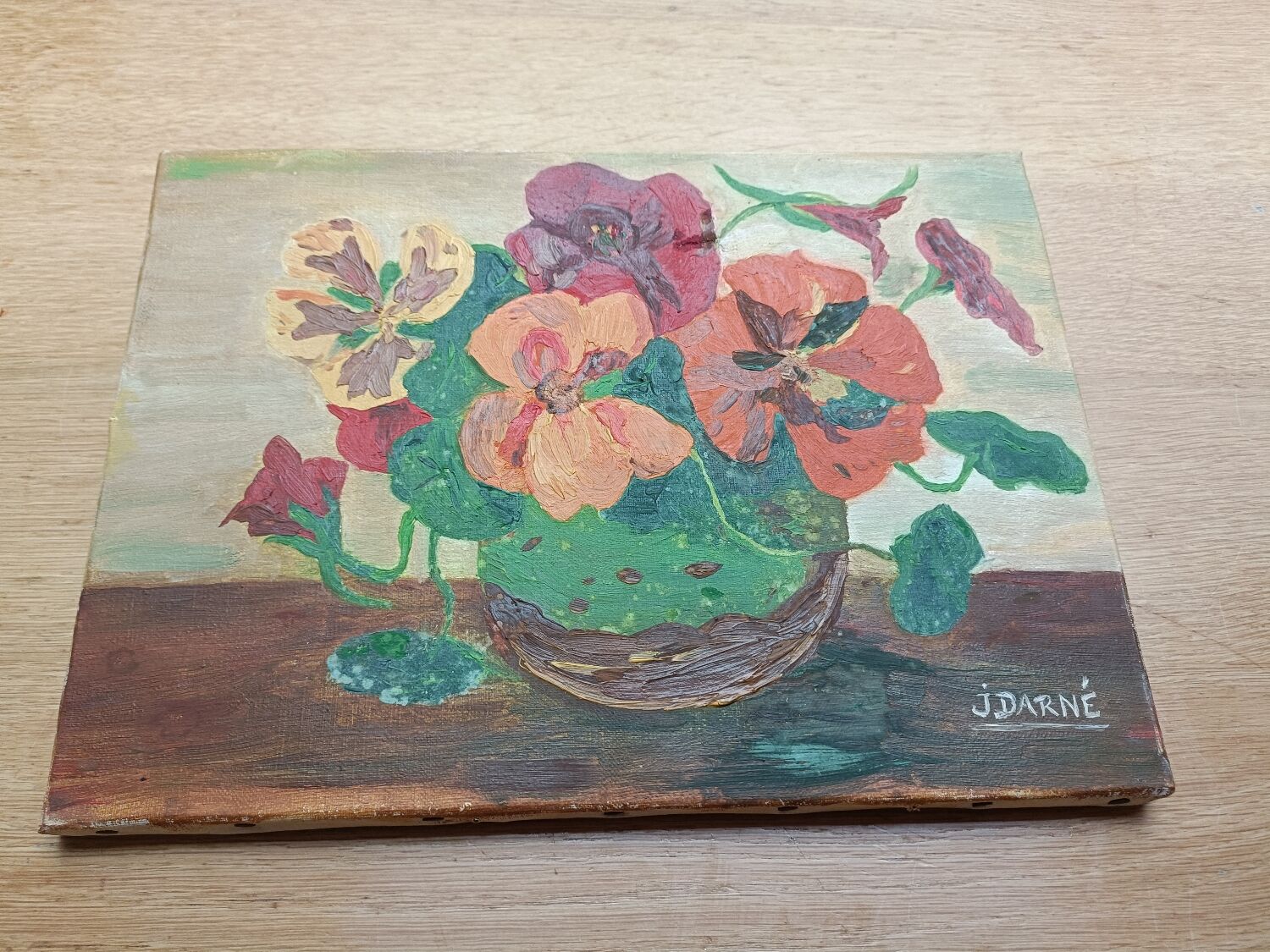 Canvas, cloth, bouquet of flowers, signature