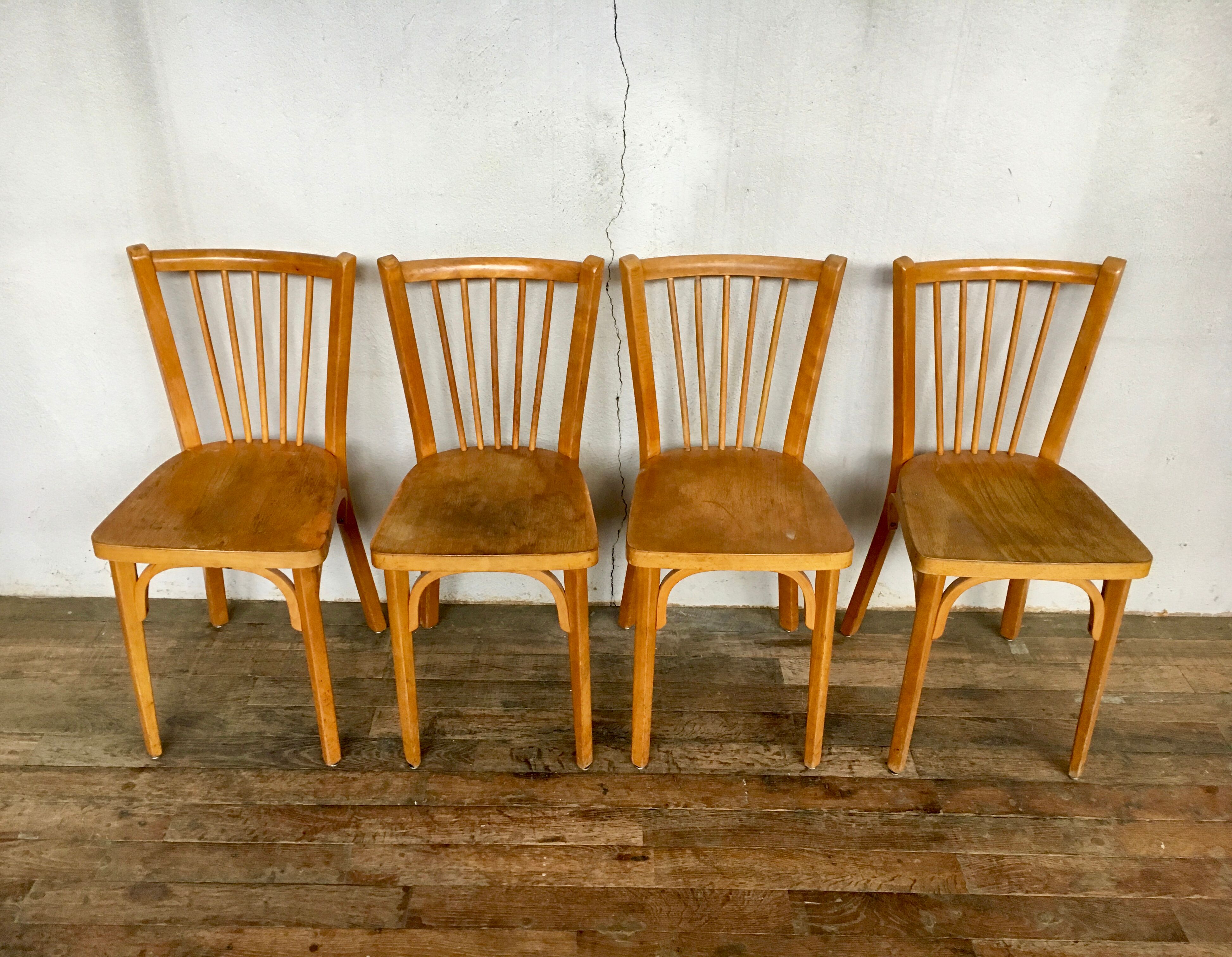 Set of 4 chairs Bistro Baumann wooden clear years 1950-1960