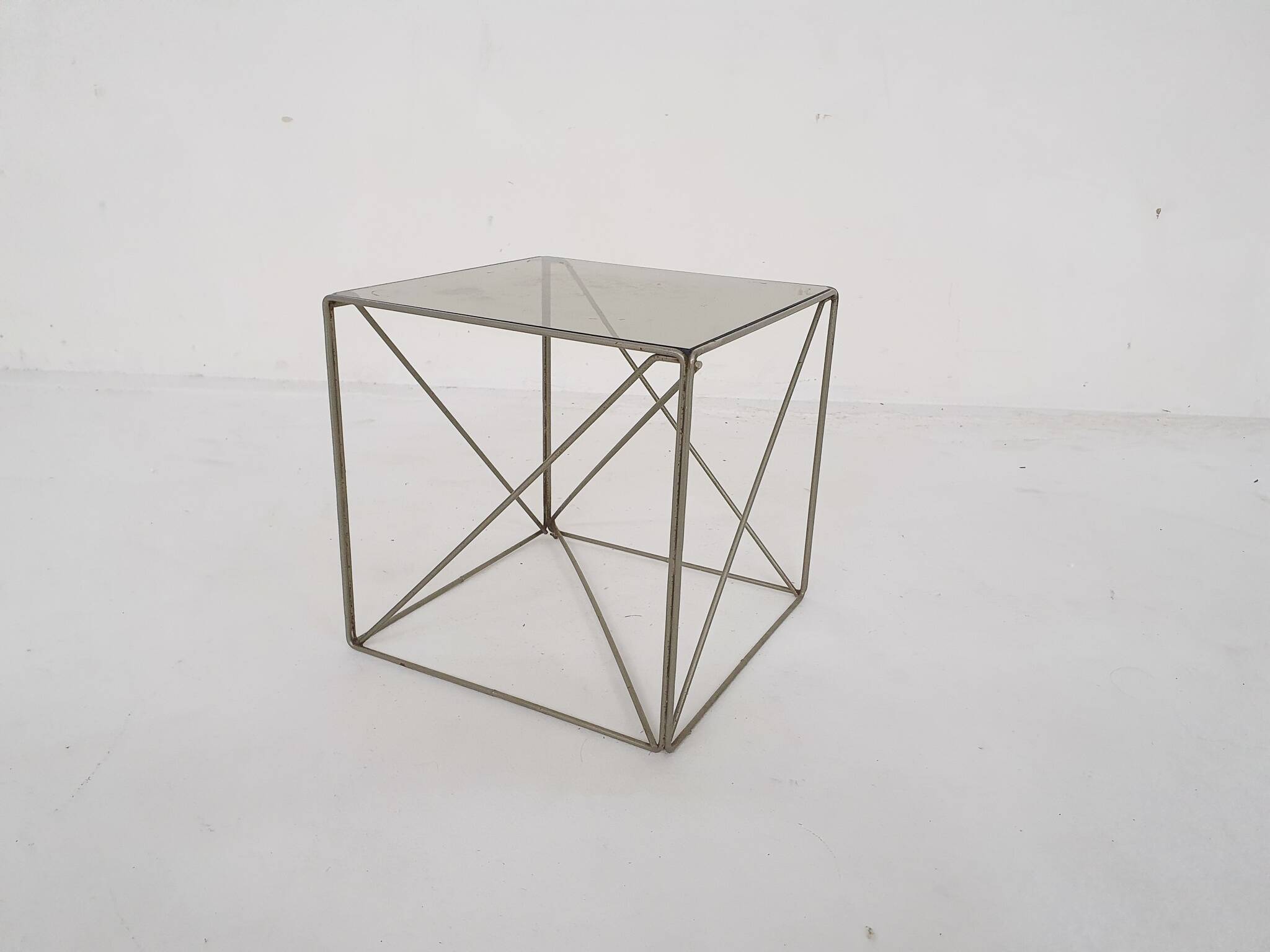 Rare metal and glass side table by Max Sauze, Isocele, France 1960's