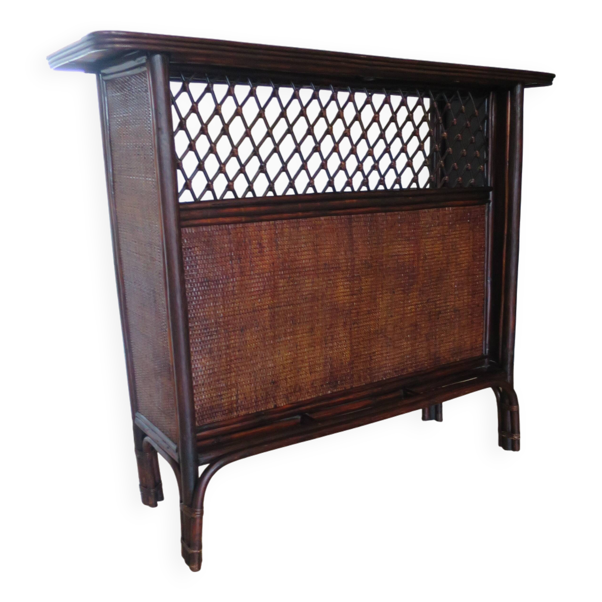 Rare vintage bar cabinet shelf wood woven rattan 80s retro