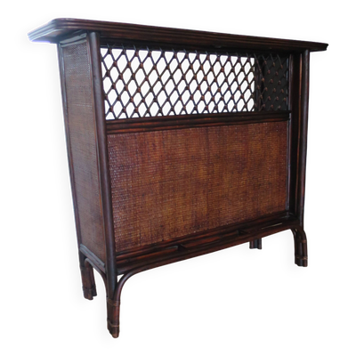 Rare vintage meuble de bar étagère bois rotin tressé années 80 rétro