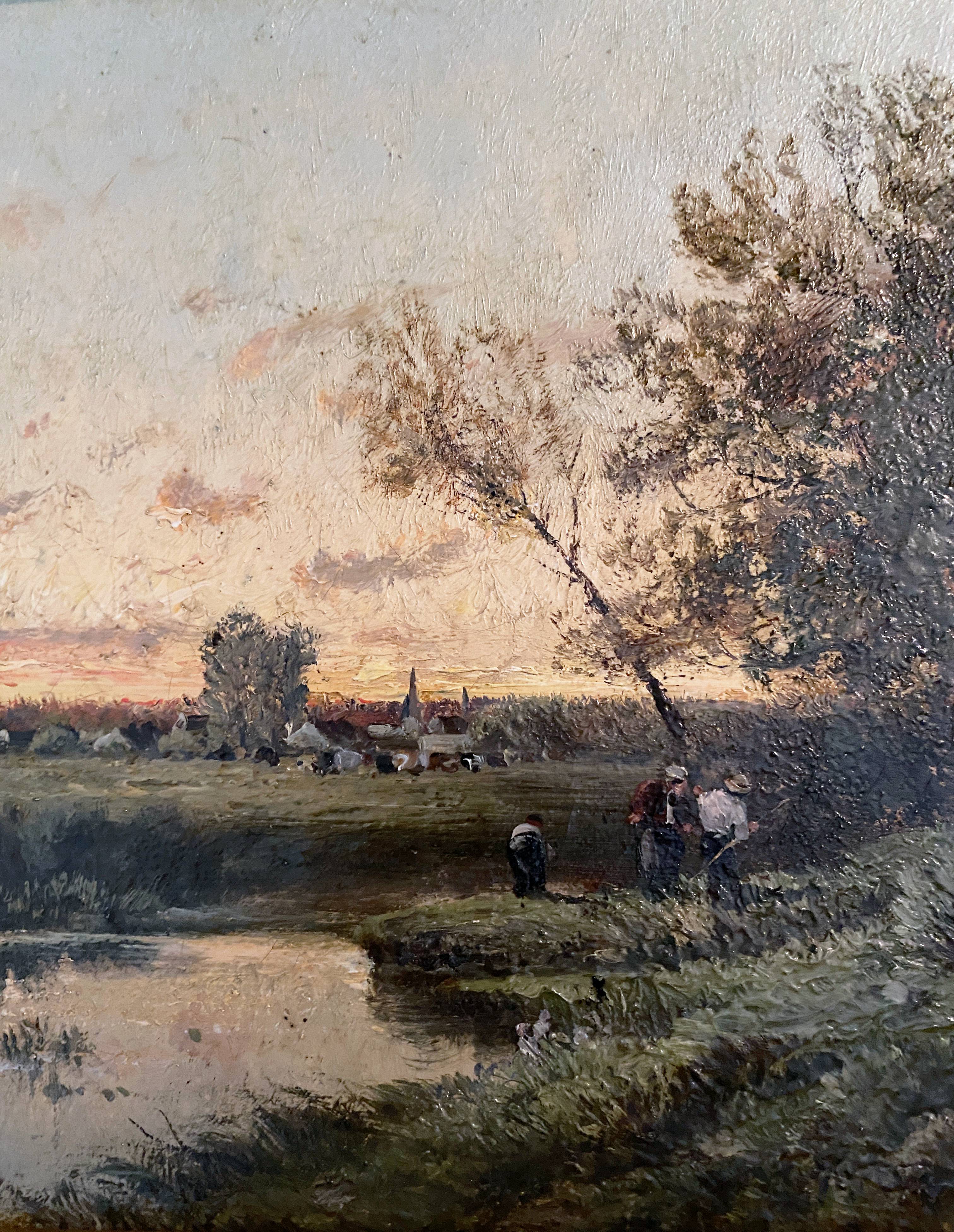 Impressionist painting "Animated twilight landscape" 19th century signed Barbizon