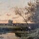 Impressionist painting "Animated twilight landscape" 19th century signed Barbizon