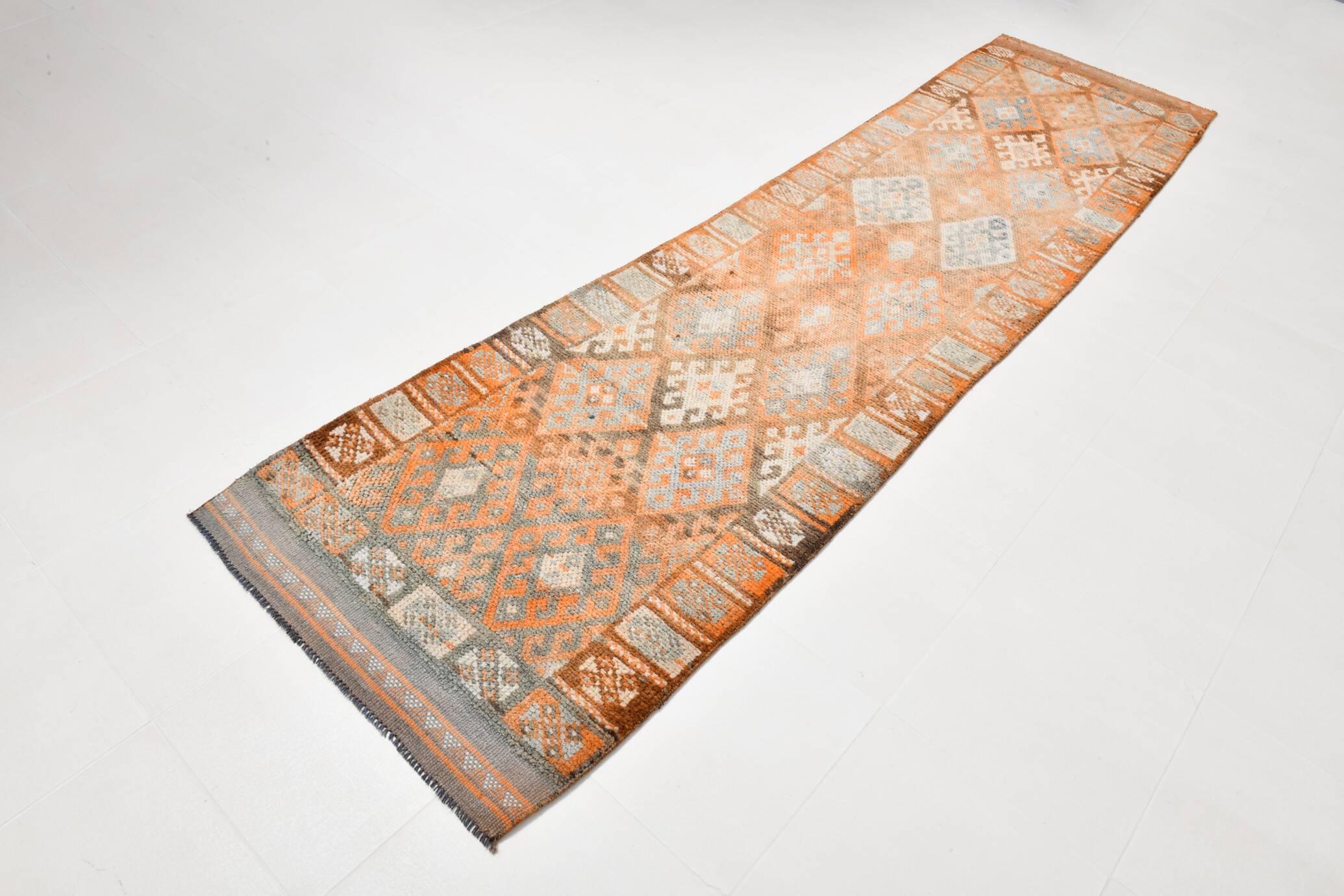 3x11 Orange Brown Tribal Turkish Vintage Runner Rug, 88x330Cm