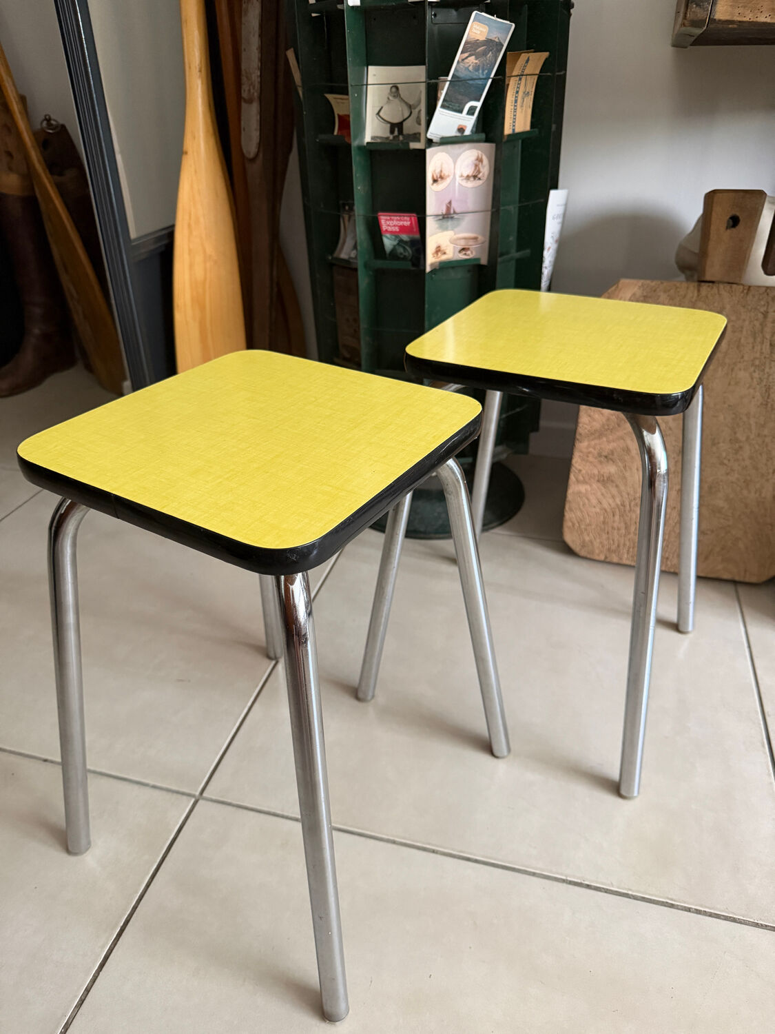 Set of 2 vintage yellow Formica stools