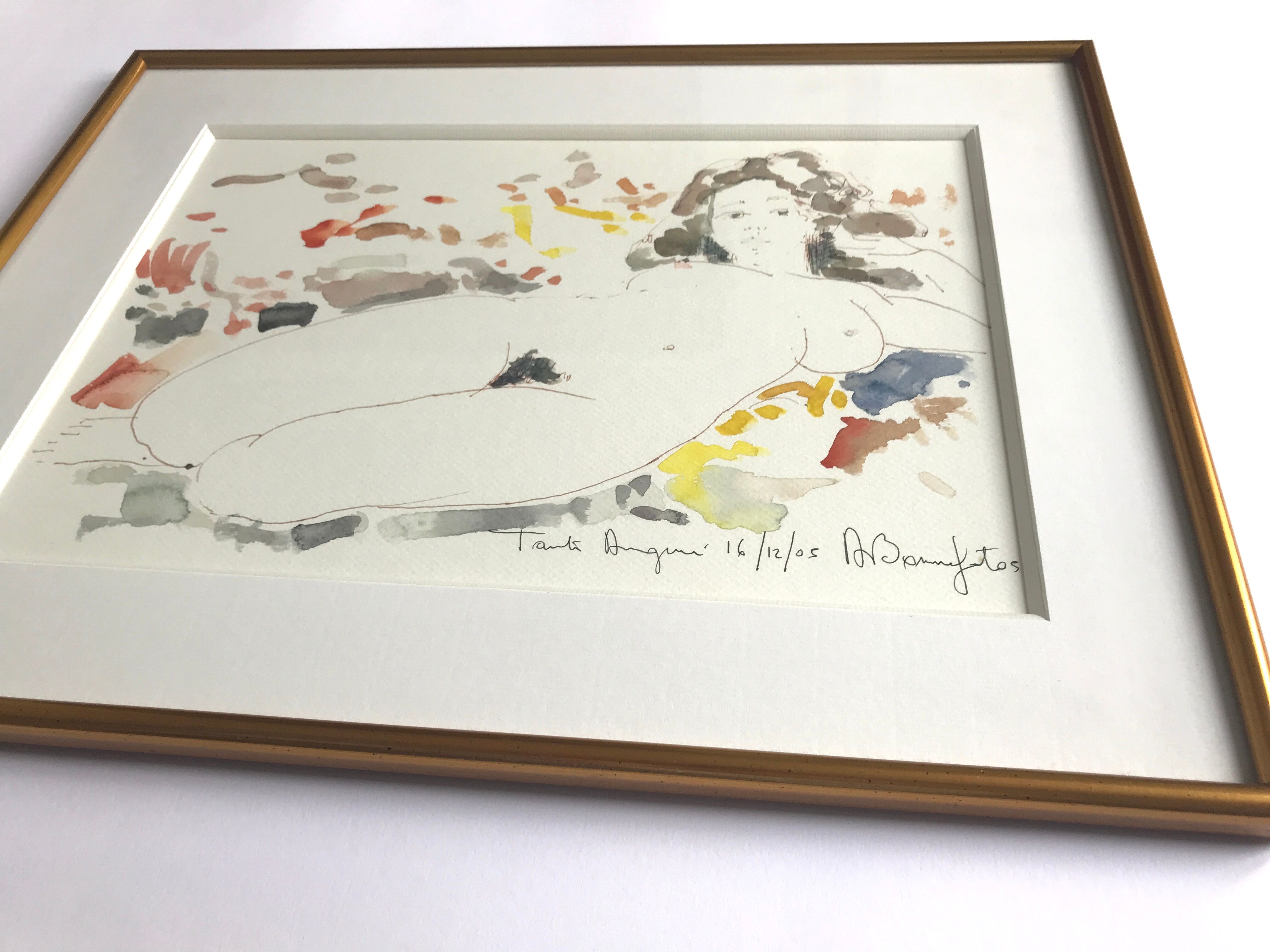 Watercolor in colors signed by alain bonnefoit, nude elongated, 2015