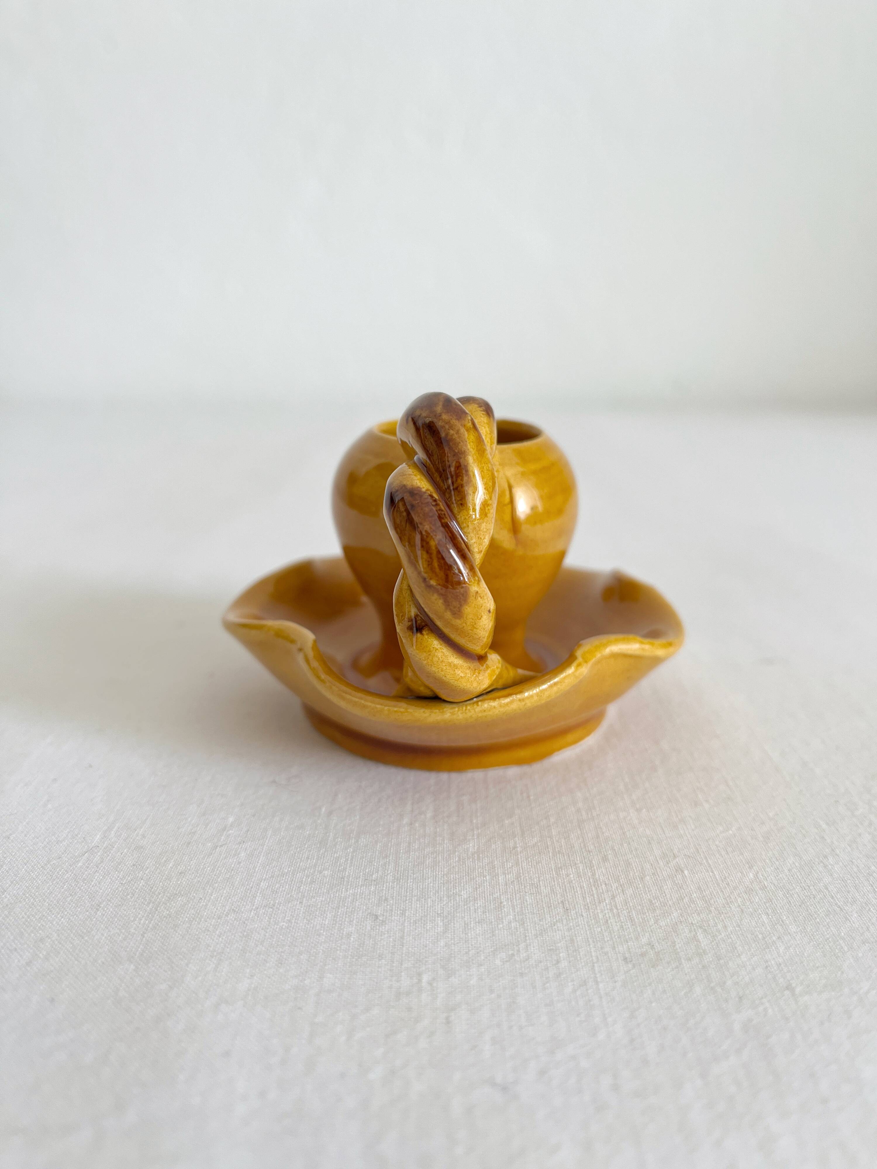 Mustard ceramic candle holder with vintage twisted handle
