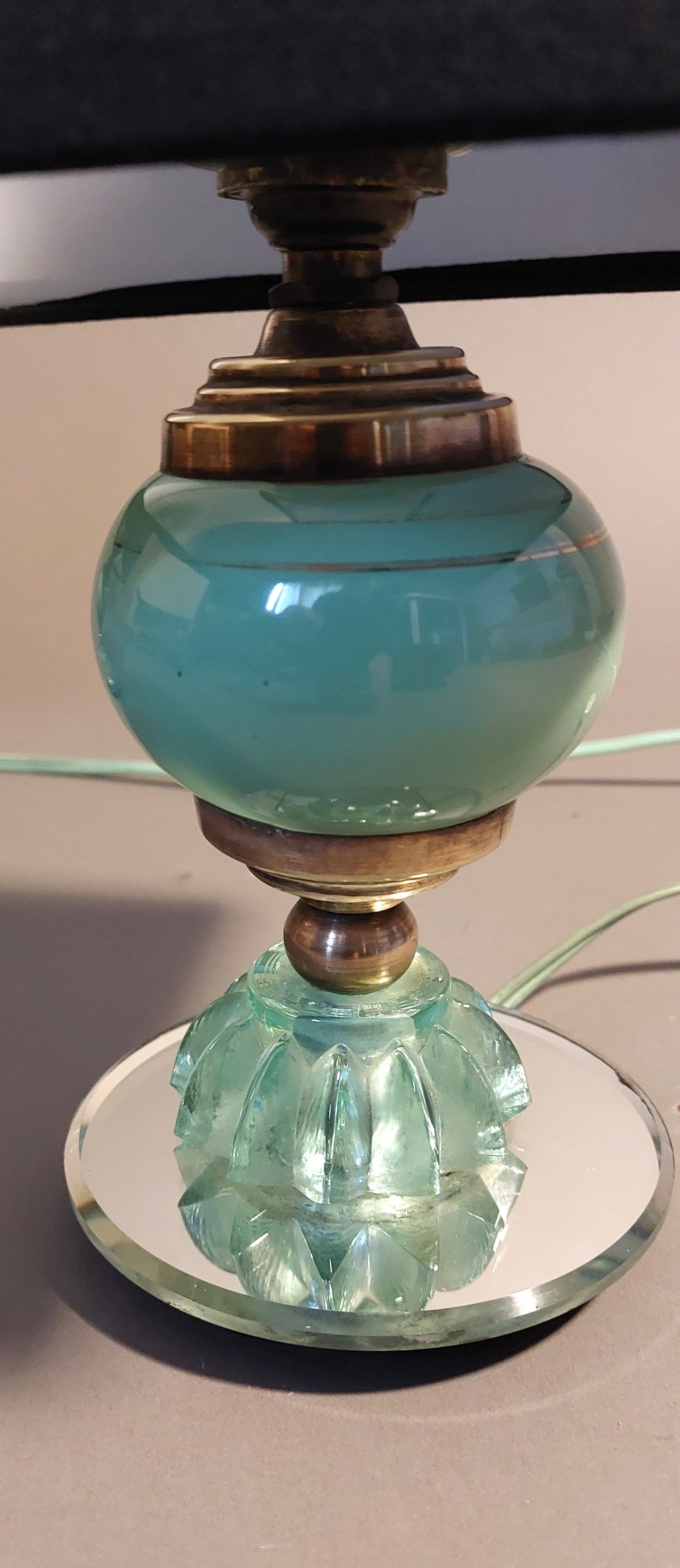 Pair of green opaline bedside lamps, venice glass and gilded brass Italy 1940.