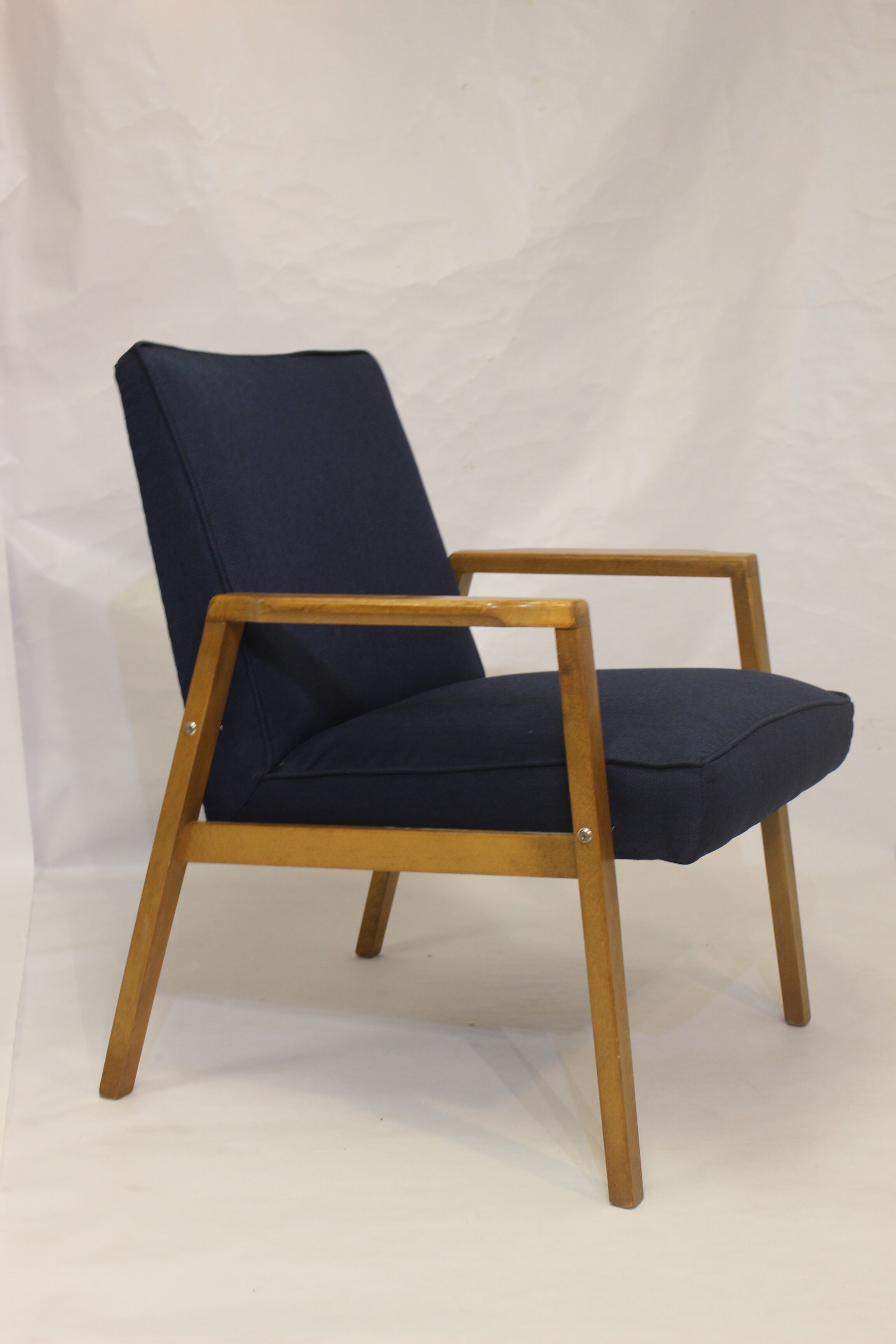 Pair of Scandinavian armchairs 60s restored deep blue gloved fabric.