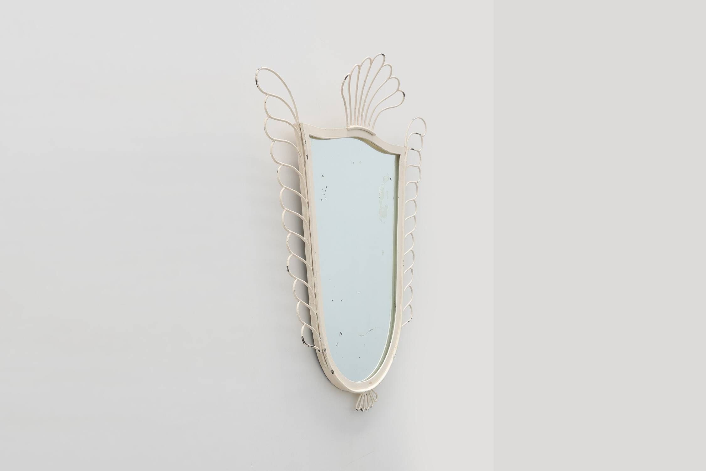 French White Lacquered Metal Mirror with Looped Wire Frame and Fan Crest, 1