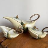 Hull pottery tea set parchment and pine, tea pot, creamer & sugar pot, american embossed majolica
