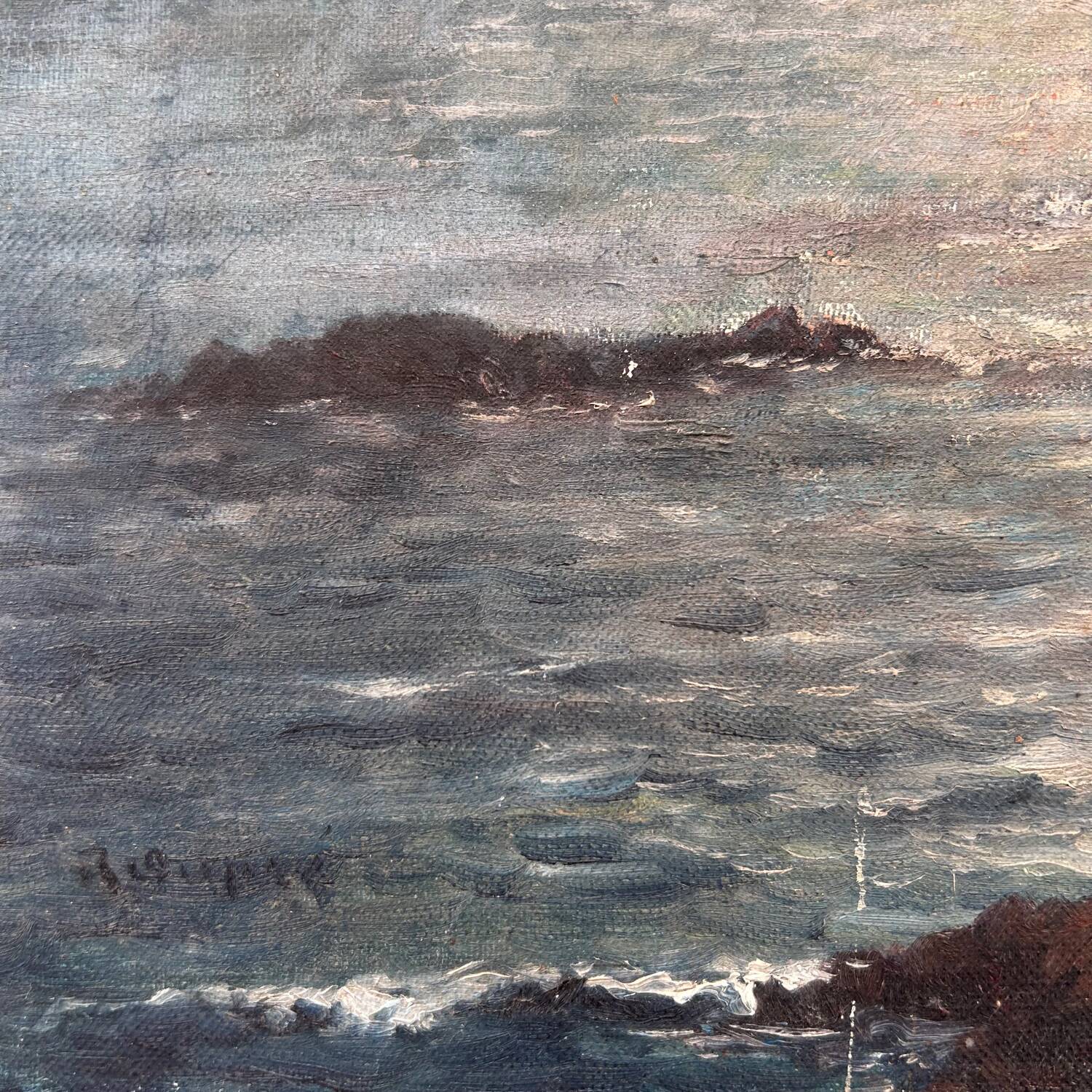 Old painting of sunrise over the sea