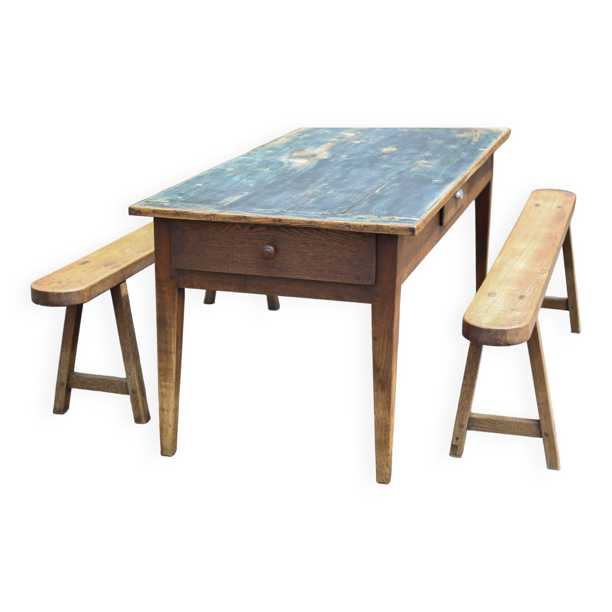 Farmhouse table and its 2 benches, living room table, wooden table with pair of wooden benches