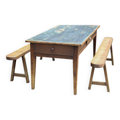 Table de ferme et ses 2 bancs, table de salon, table bois avec paire de bancs bois
